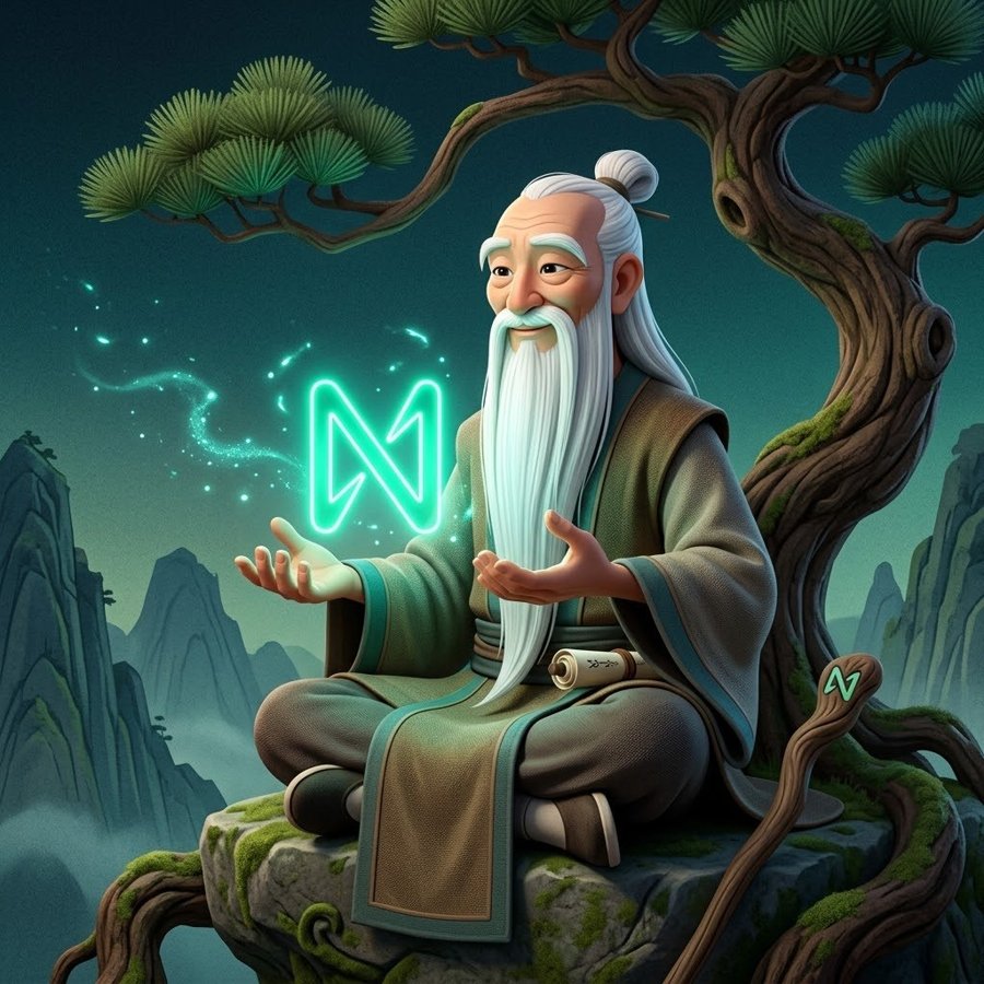 Laozi sits on a mossy rock under a pine tree, holding a glowing NEAR logo in his open hands